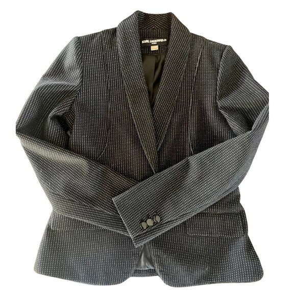 Karl Lagerfeld PARIS Black w/ White Dot Blazer w/ Zipper Trim 6 -GORGEOUS - Picture 2 of 15